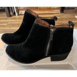 Lucky Brand Womens Fineses Ankle Boots Black Suede Block Heel Zip Up Size 6.5 M
